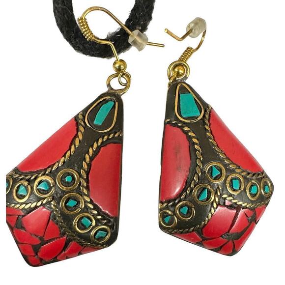 Tibetan Turquoise / Coral Beaded Neck Plate Bib  Necklace + Earrings - Picture 2 of 10